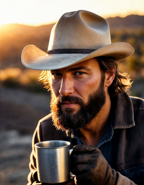 Foto gratuita ritratto cinematografico di un cowboy americano nell'ovest con un cappello