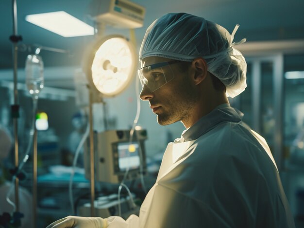 Free photo cinematic portrait of man working in the healthcare system having a care job