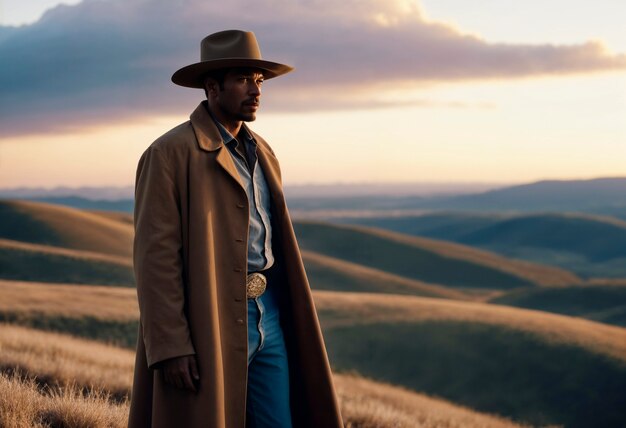 無料写真 cinematic portrait of american cowboy in the west with hat