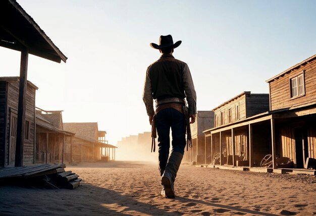 Foto gratuita ritratto cinematografico di un cowboy americano occidentale con un cappello