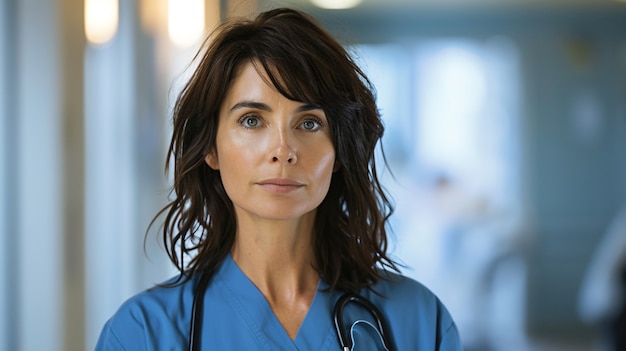 Foto gratuita ritratto cinematografico di una donna che lavora nel sistema sanitario e svolge un lavoro di assistenza.