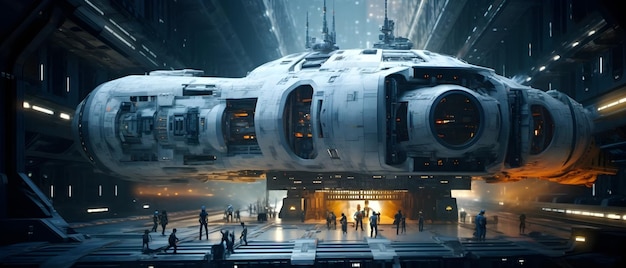 Cinematic scene of big space cruiser shuttle