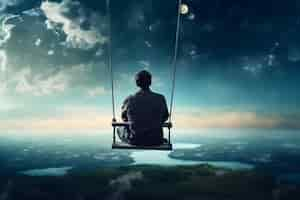 Free photo cinematic scene of man sitting at swing