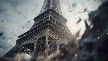 Free photo cinematic shot of falling and breaking eiffel tower