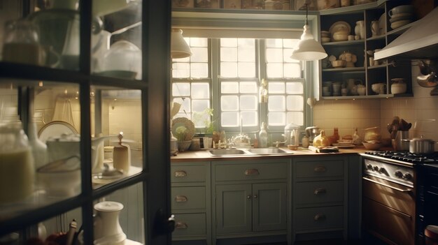 Бесплатное фото Кинематографический снимок маленькой кухни с стеклянными дверными шкафами