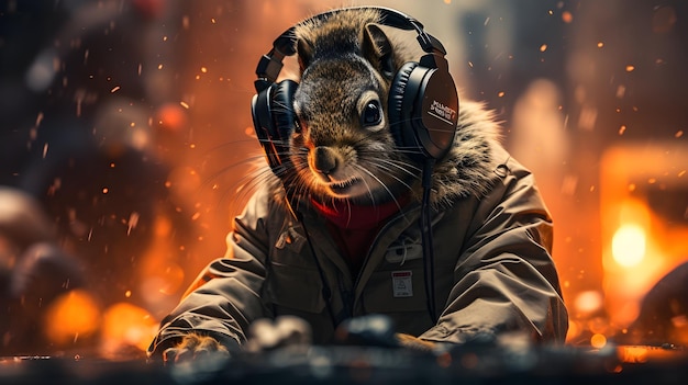 Free photo cinematic squirrel dj with headphones wallpaper