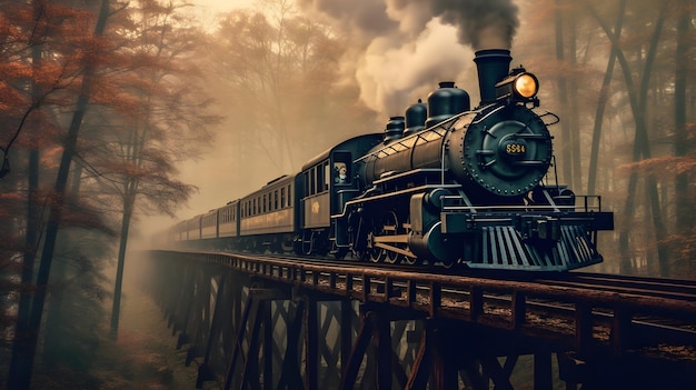 Foto gratuita treno a vapore cinematografico sullo sfondo della ferrovia