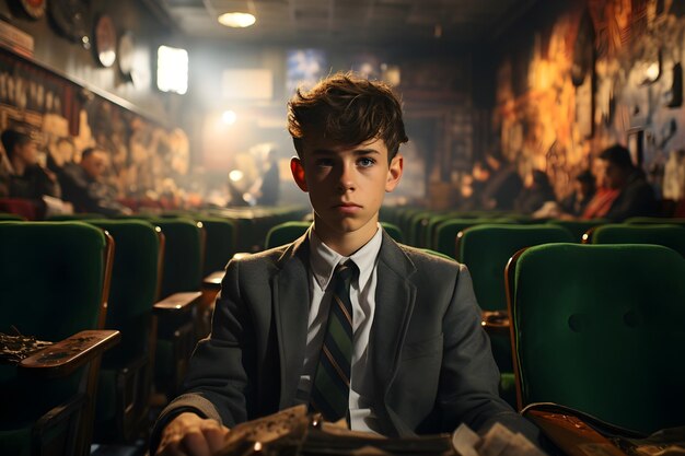 cinematic young boy in formal dress