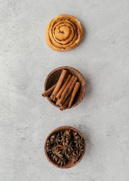 Cinnamon roll, sticks and spices