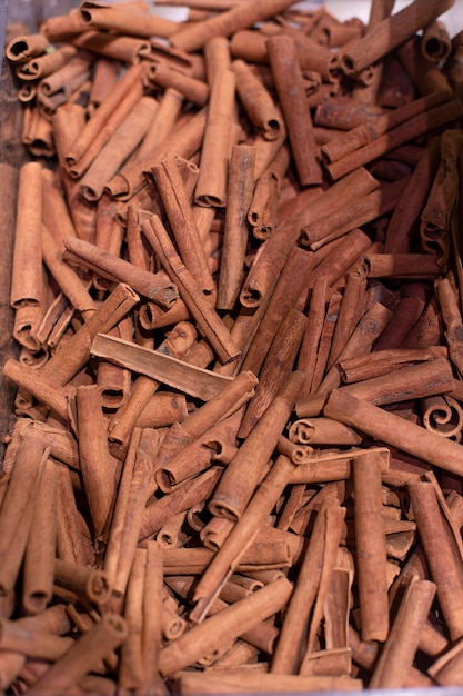 Cinnamon sticks at the grocery stocks. High quality photo