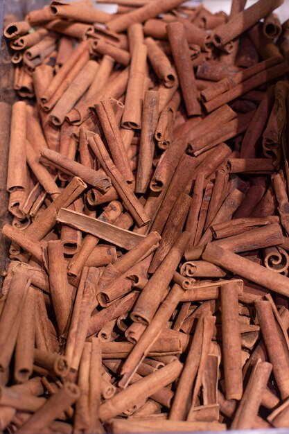 Cinnamon sticks at the grocery stocks. High quality photo