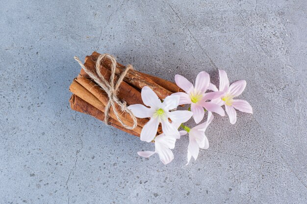 シナモンは灰色の白とピンクの花とロープで固執します