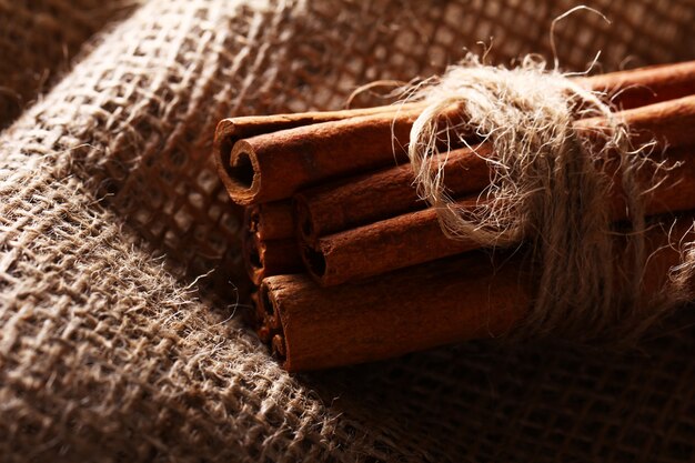 Cinnamon sticks on sack cloth