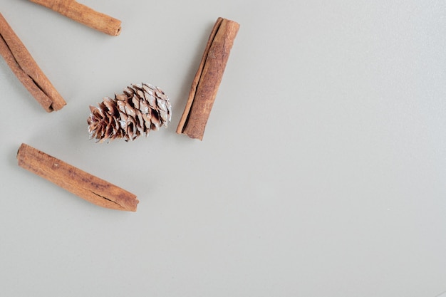 Cinnamon sticks with Christmas pinecones .