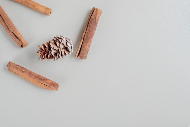 Cinnamon sticks with Christmas pinecones .