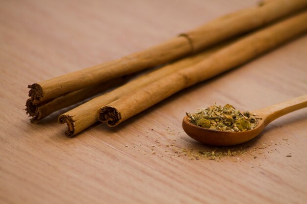 Cinnamon sticks with spoon