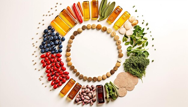 A circle of food including a variety of ingredients including beans, blueberries, and other ingredients.