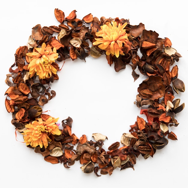 Circle from dried petals and asters