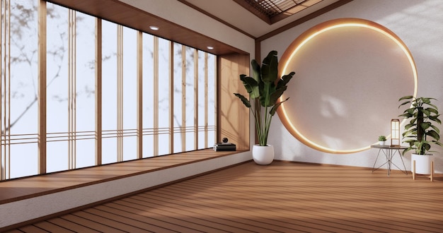 Круглый дизайн стены полки, японский дизайн пустой комнаты с татами на полу. 3d-рендеринг