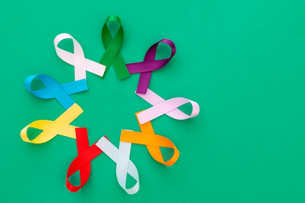 Circle with colorful ribbons of disease and cancer prevention campaigns with green background and space for text