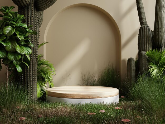 Circle wood podium in tropical forest for product presentation and cream color background