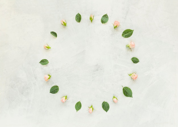 Circular frame made with rose and green leaves on concrete wall