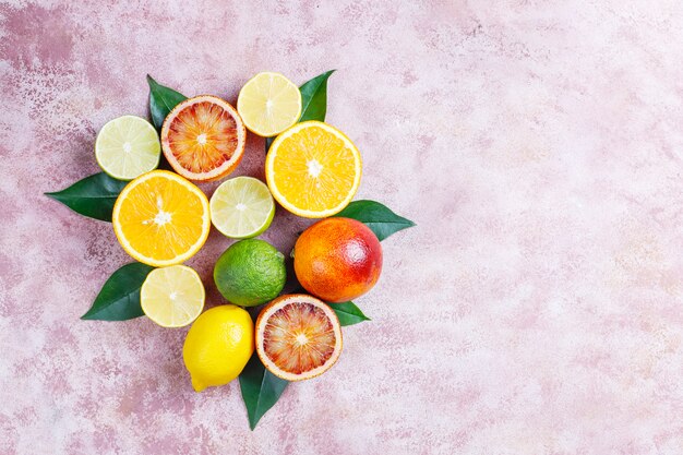 모듬 된 신선한 감귤 류 과일, 레몬, 오렌지와 감귤 류의 배경