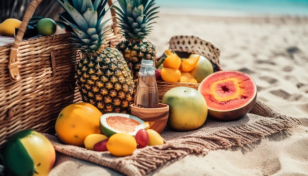 AI によって生成された休暇用の柑橘類のカクテルとトロピカル フルーツ