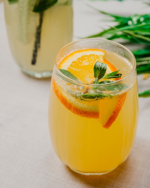Citrus lemonade sliced orange sparkling water mint side view
