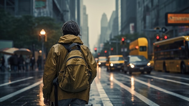 Free photo city dweller braves the rain crossing the street