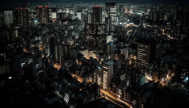 City financial district glows in blue twilight generated by AI