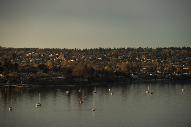 City and lake during sunset