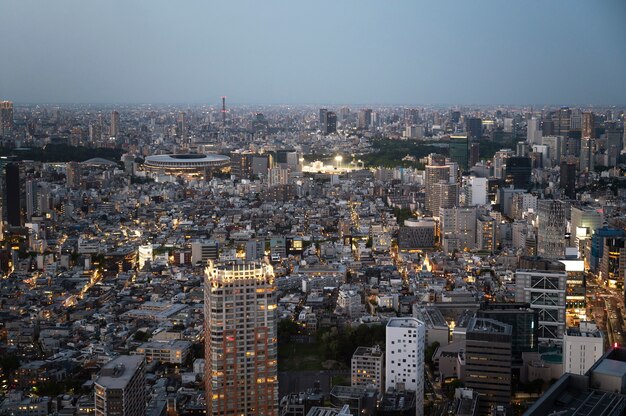 City landscape at nighttime high angle