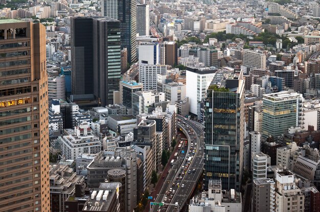 City landscape with tall buildings high angle