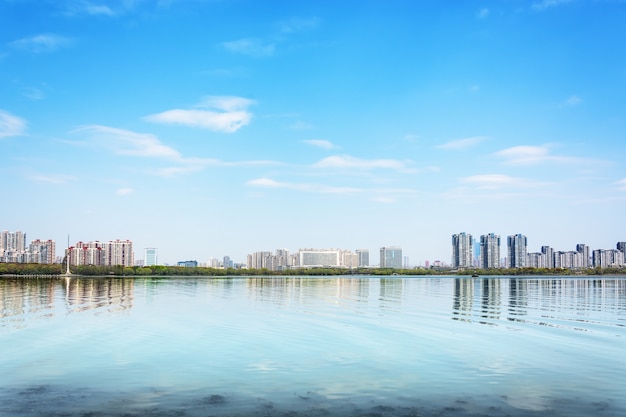 City reflected in a lake