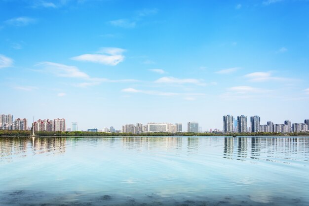 City reflected in a lake