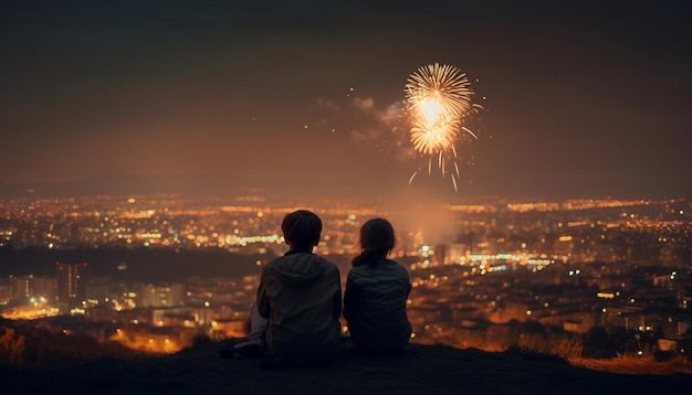 City skyline illuminated by exploding fireworks display generated by AI