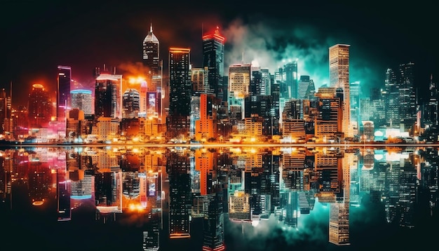 Горизонт города, освещенный разноцветными уличными фонарями в сумерках, созданный ИИ