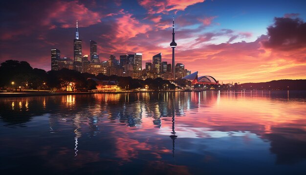 City skyline reflects in tranquil water at dusk generated by artificial intelligence