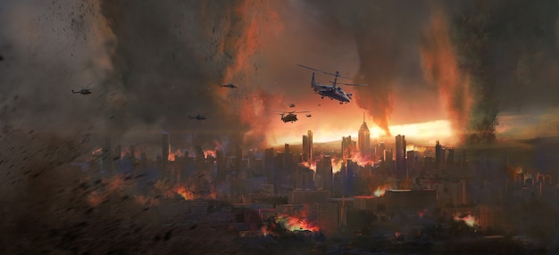 City in a tornado, doomsday scene illustration.