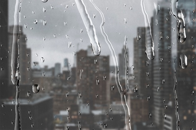 City view through window with rain drops