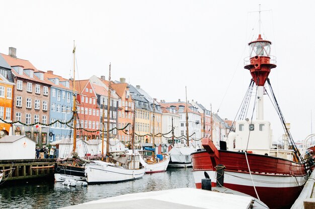 City waterfront with moored boats