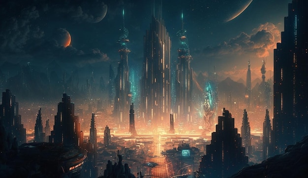 A city with a planet in the middle