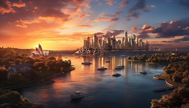 Free photo cityscape of famous financial district at dusk, reflecting on waterfront generated by artificial intelligence