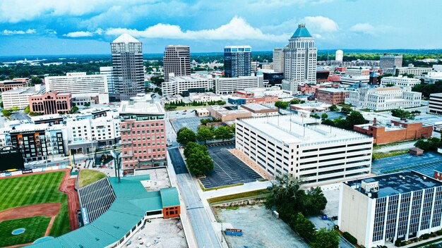 Cityscape of Greensboro under the cloudy sky in Carolina