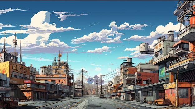 Бесплатное фото Городской пейзаж, вдохновленный аниме