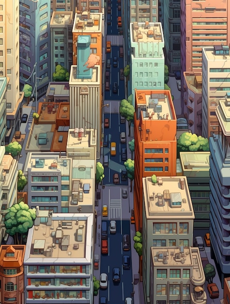 Бесплатное фото Городской пейзаж, вдохновленный аниме