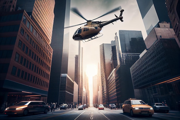 Cityscape scene with helicopter and cars generative AI