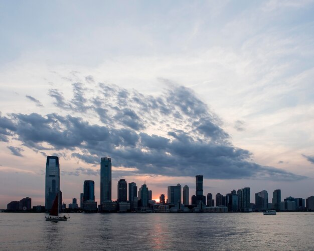 Cityscape with big buildings and water