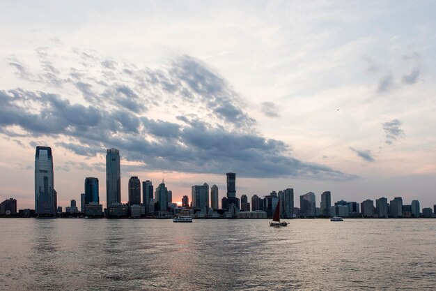 Cityscape with big buildings and water